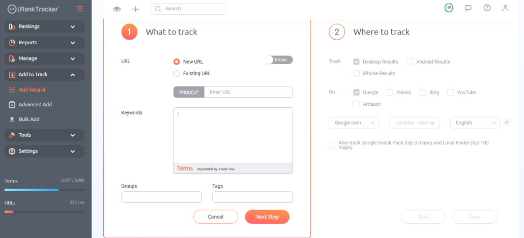 Add Keywords/URLs