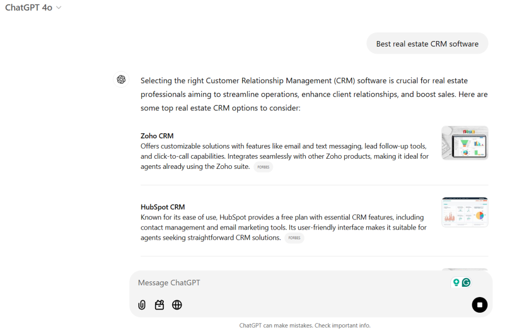 search term “Best real estate CRM software” on ChatGPT