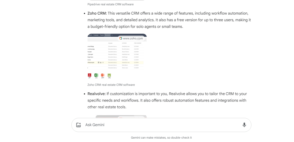 search term “Best real estate CRM software” on Gemini