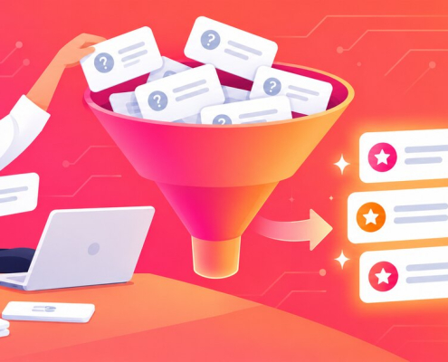 Illustration of a marketer filtering AI prompts into a high-value tracking list