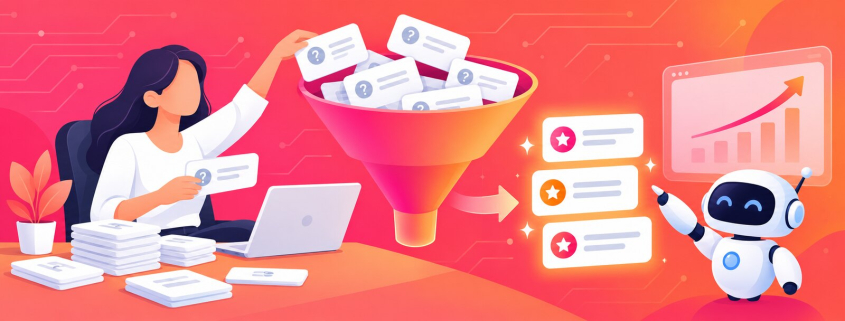 Illustration of a marketer filtering AI prompts into a high-value tracking list