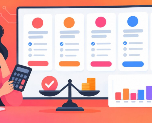 Illustration of a buyer comparing six rank tracker plans and their value