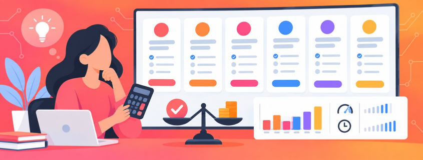 Illustration of a buyer comparing six rank tracker plans and their value