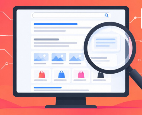 Illustration of a modern search results page with local, video, shopping, image, and AI features
