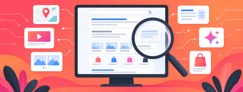 Illustration of a modern search results page with local, video, shopping, image, and AI features