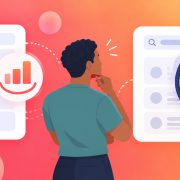 2D illustration of a young analyst with short curly hair comparing combined search performance with an individual ranking check