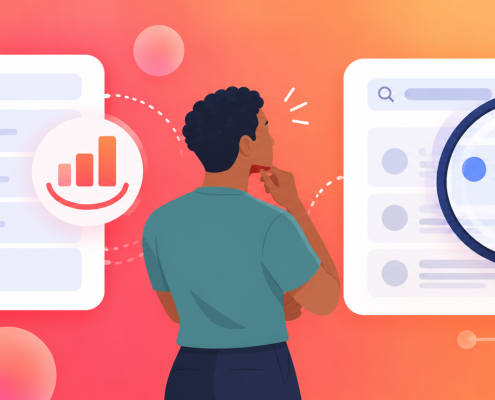 2D illustration of a young analyst with short curly hair comparing combined search performance with an individual ranking check