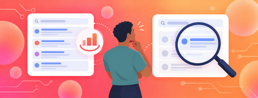 2D illustration of a young analyst with short curly hair comparing combined search performance with an individual ranking check