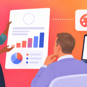 2D illustration of an agency presenter reviewing branded reports with a middle-aged client