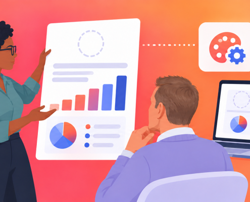 2D illustration of an agency presenter reviewing branded reports with a middle-aged client