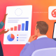 2D illustration of an agency presenter reviewing branded reports with a middle-aged client