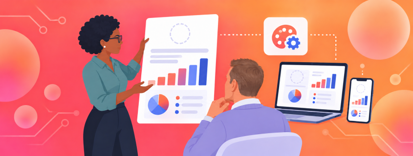 2D illustration of an agency presenter reviewing branded reports with a middle-aged client
